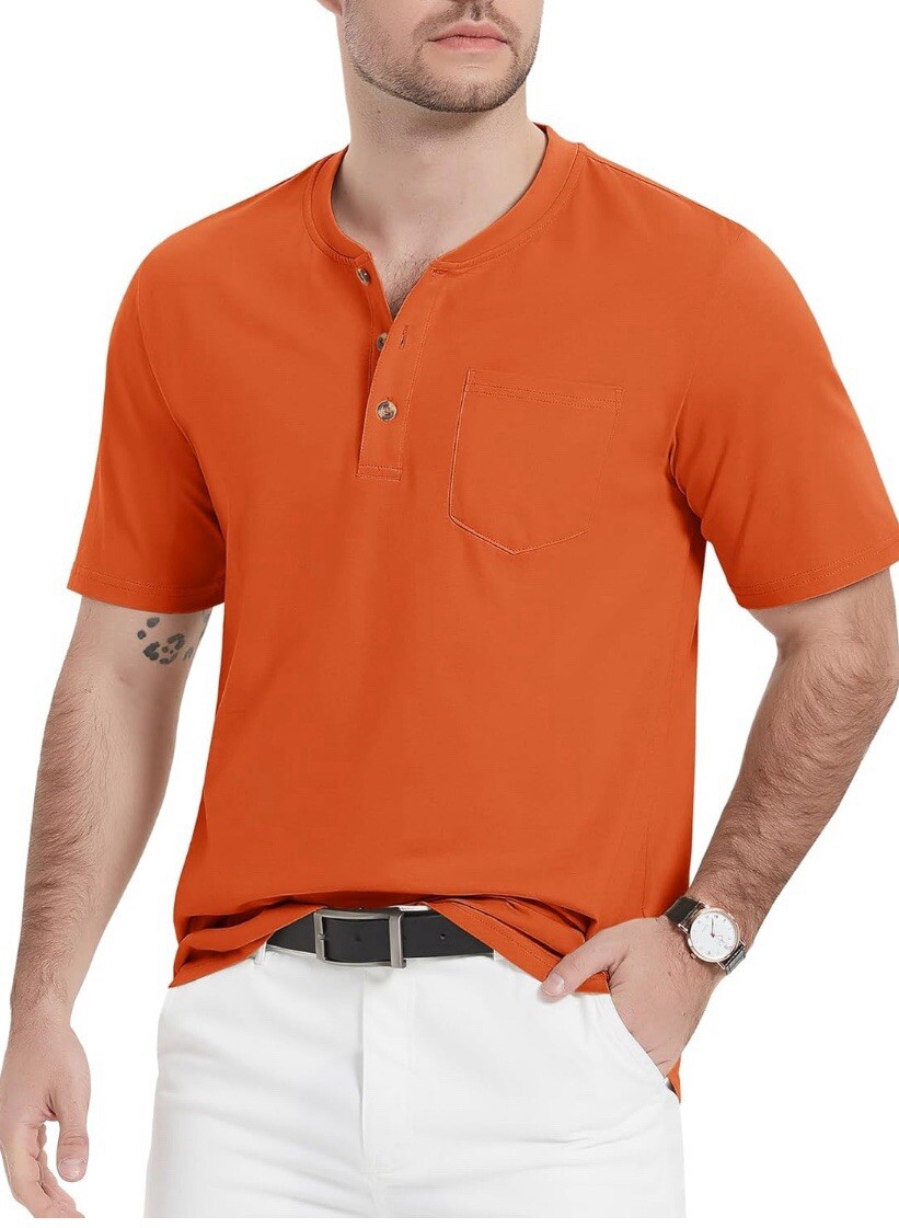 MAGCOMSEN Men's Henley Shirts Short Sleeve Pocket Tee Shirts Dark Orange Size S gallery