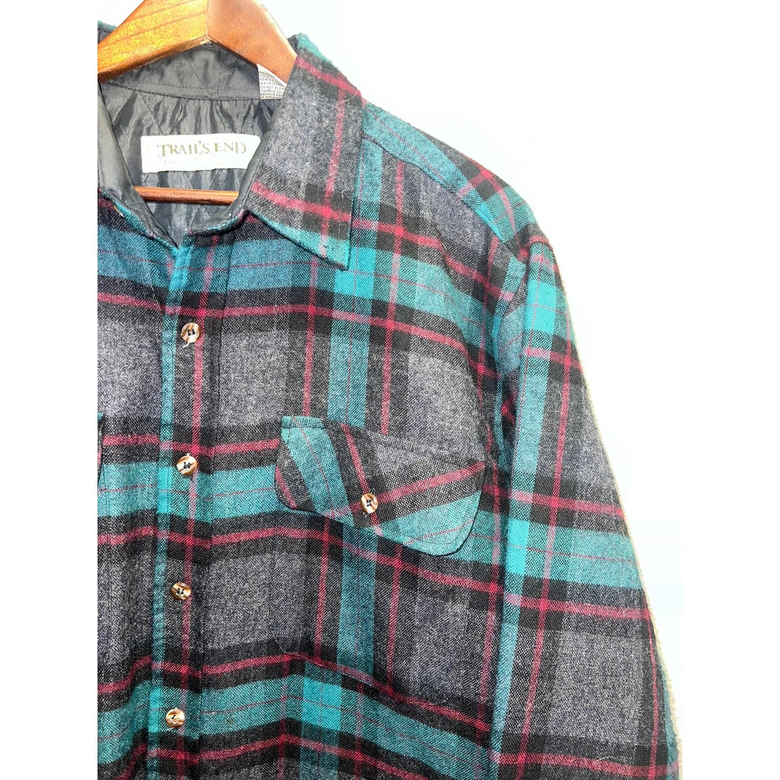Vintage Trail's End Flannel Shirt Quilted Lined Plaid Teal Gray Western VTG L gallery