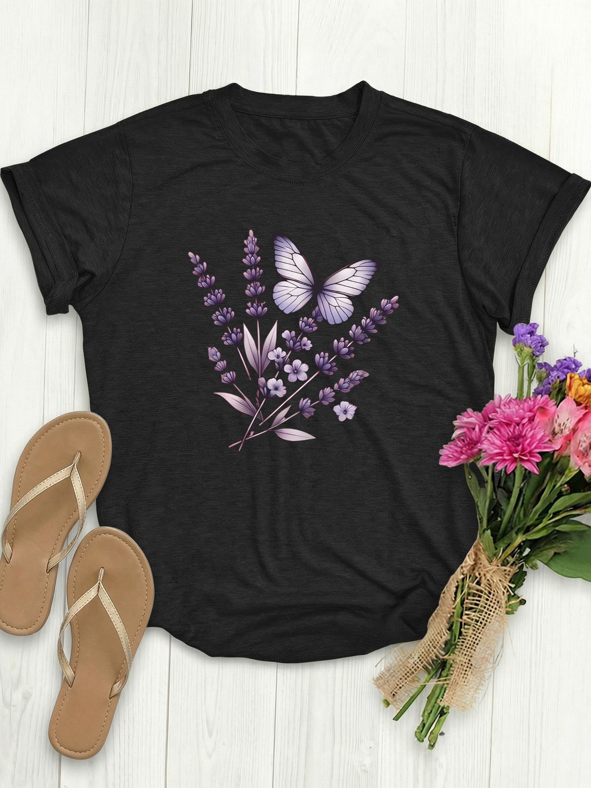 UnisexEuropean And Summer Sports Casual Short-Sleeve Top with a Butterfly Fl gallery