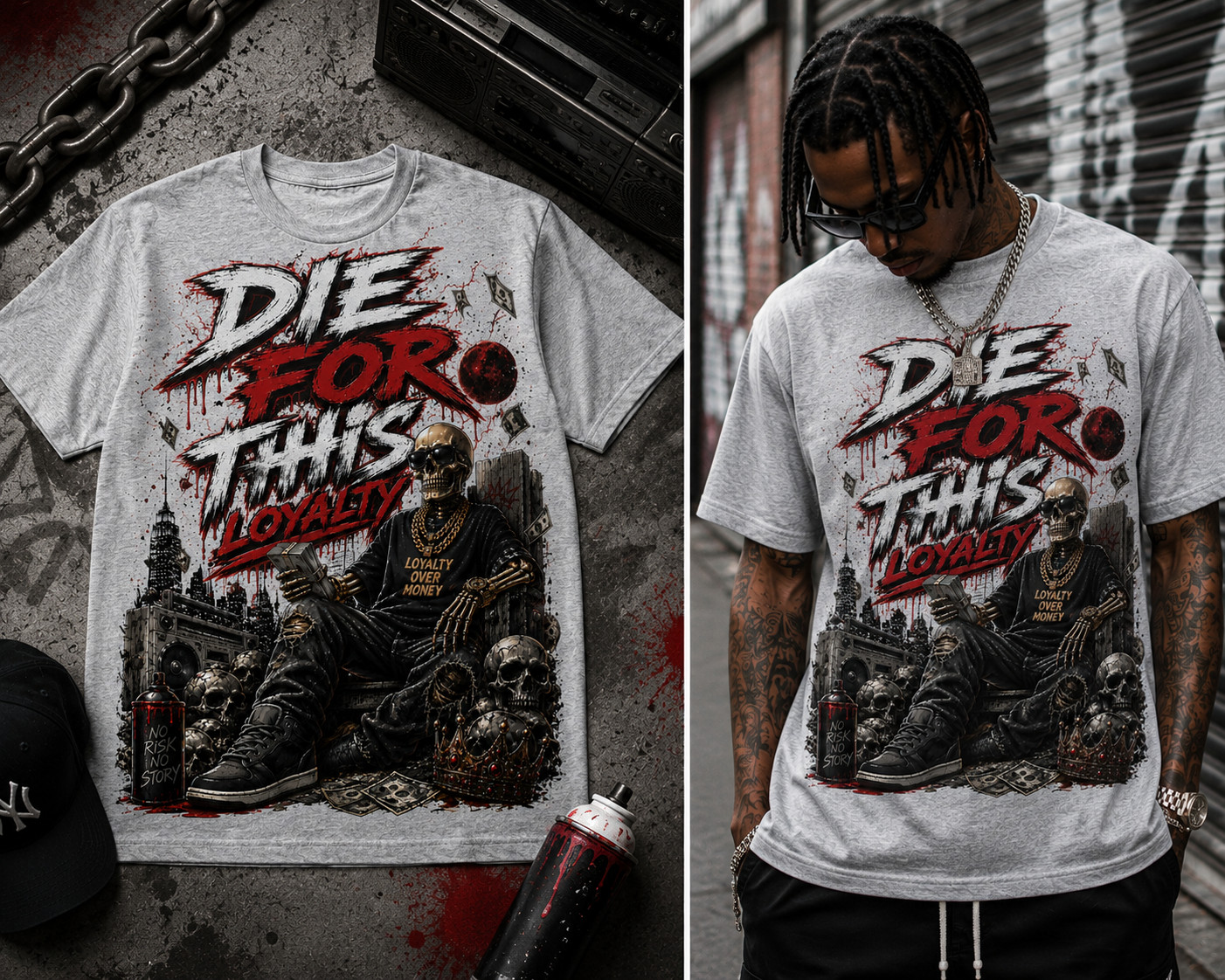 Big & Tall Graphic Tee Shirt Streetwear Die for this Loyalty Skull Hip Hop Tee gallery