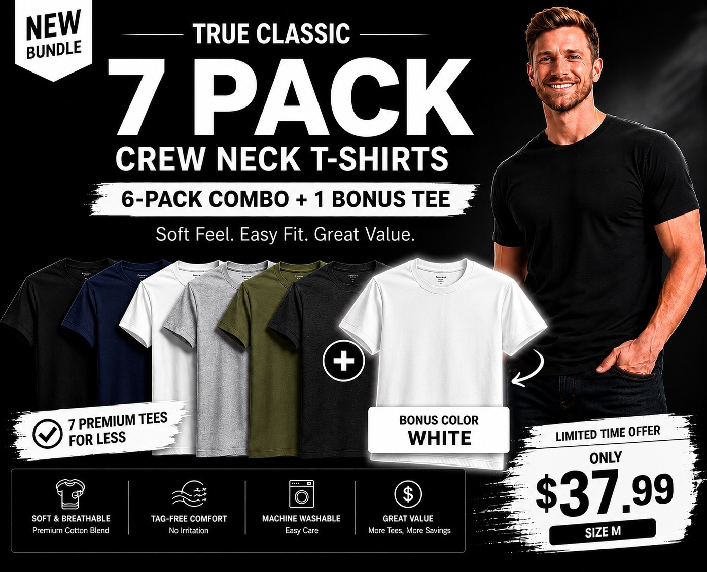 🔥 True Classic 7-Pack Crew Neck T-Shirts | Size M | + Bonus White Tee gallery