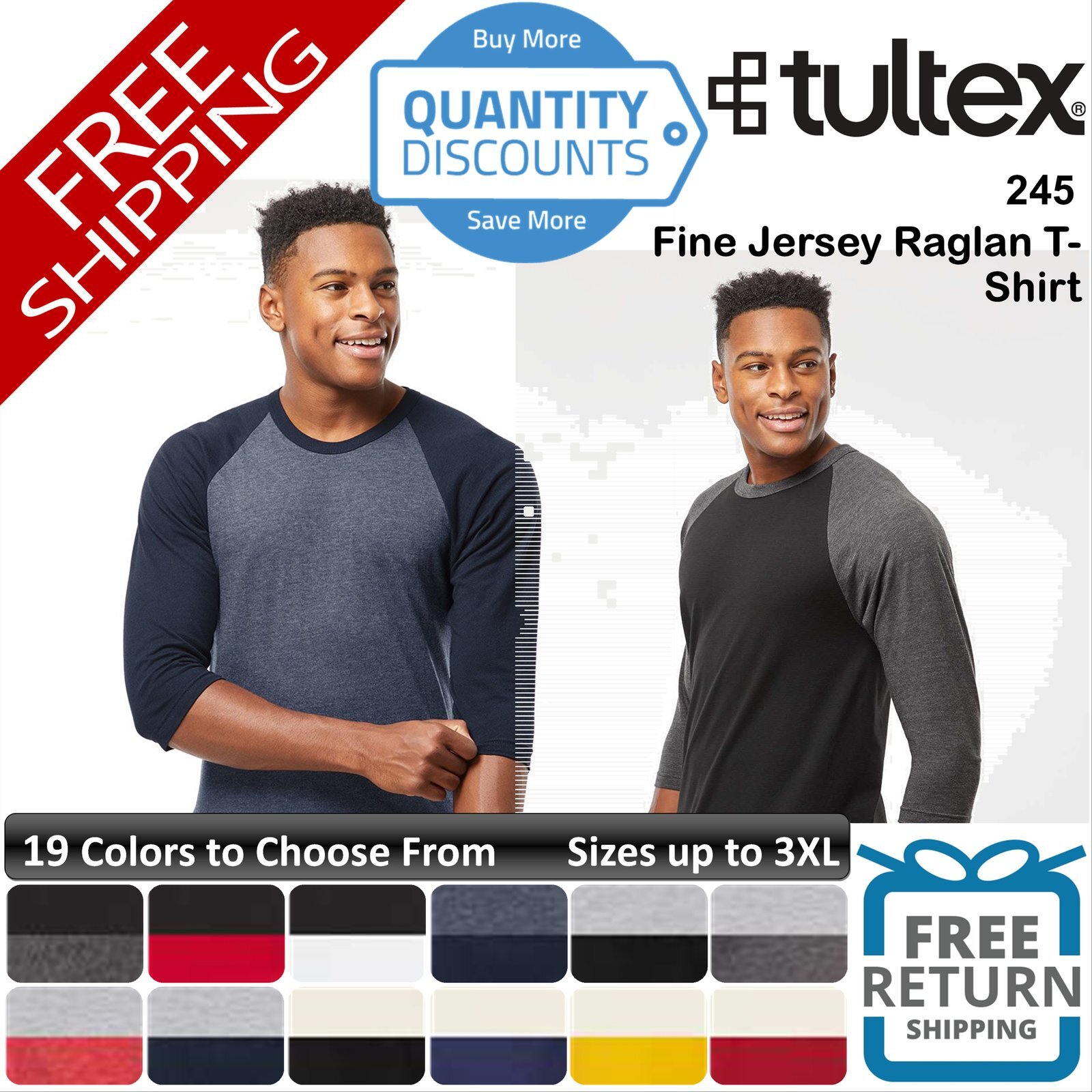 🔥 Tultex Men Fine Jersey Raglan Three-quarter sleeves T-shirt Up To 3XL 245 gallery