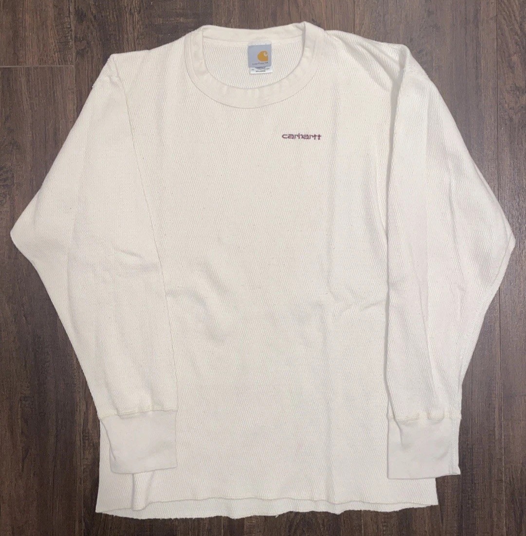 Vintage Carhartt Thermal Shirt Mens 2XL Cream Embroidered K56 Long Sleeve USA gallery