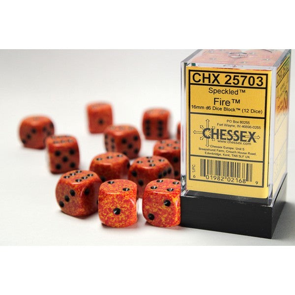16mm d6 Dice with Pips: Set of 12 – Fire Speckled