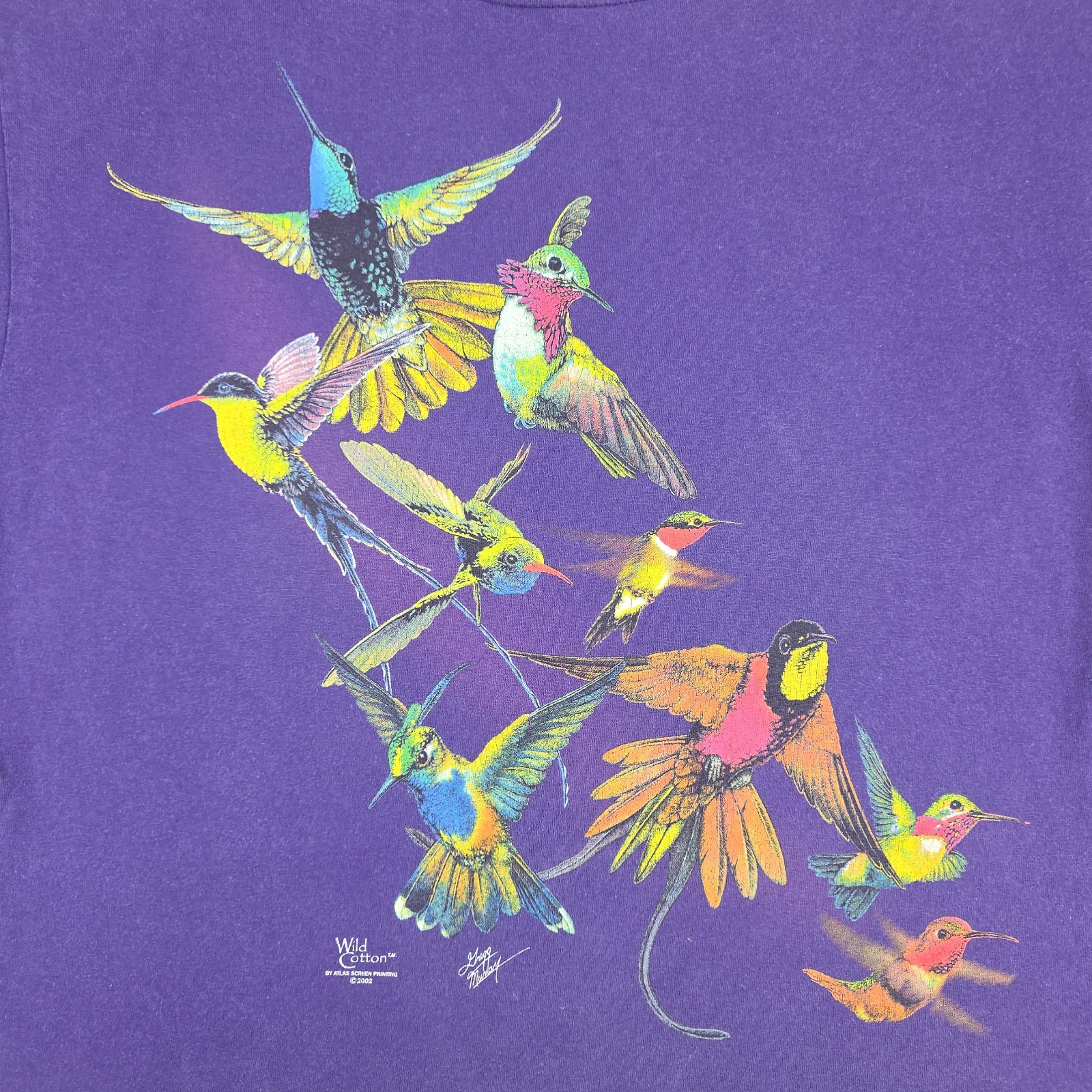 Vintage Hummingbird Shirt Mens Medium Purple Double Sided Wild Cotton Floral Art gallery