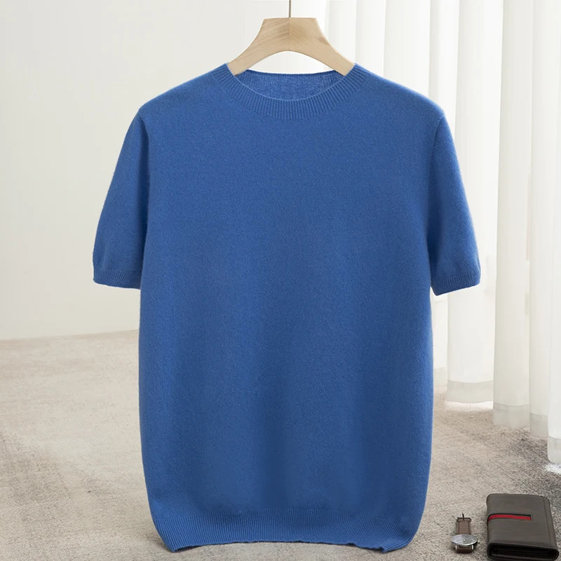 Spring Summer Men's Short Sleeved Pure Wool T-Shirt Sweater O-neck Solid Color L gallery
