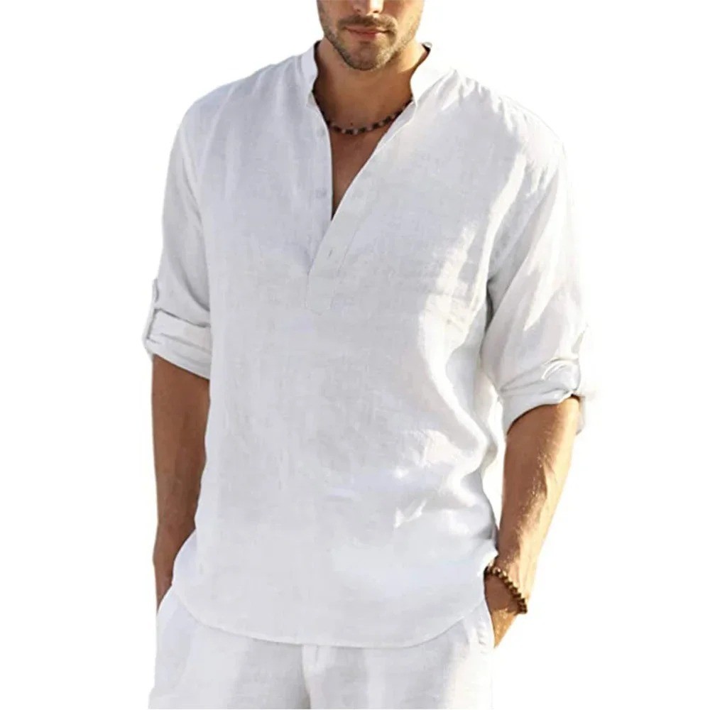 New Men's Casual Blouse Cotton Linen Shirt Loose Tops Long Sleeve Tee Shirt Spri gallery
