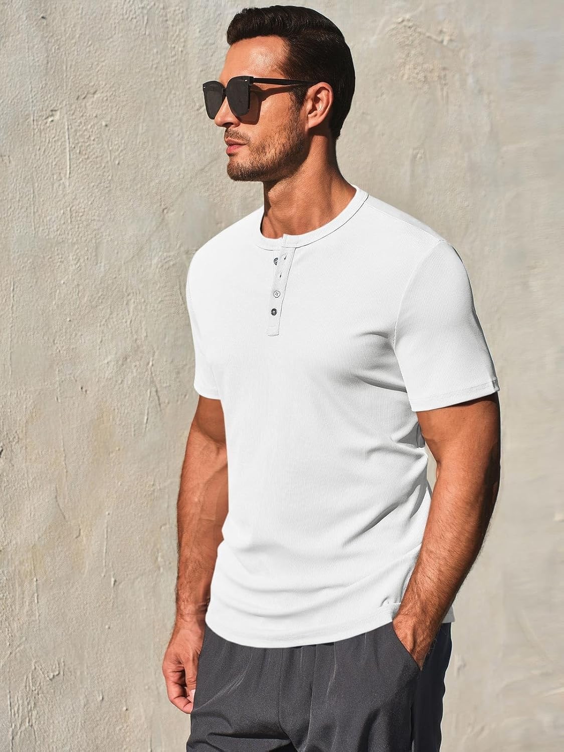 Men's Henley Shirt Short Sleeve Casual Ribbed Knitted Summer T-Shirt XL gallery