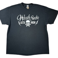 Work Sucks Let’s Ride Motorcycle Biker Skeleton Skull 2-Sided Harley t-shirt XL