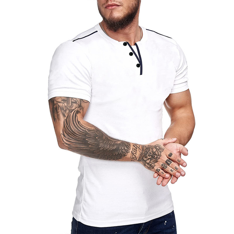 Men's Trendy Pullover V-Neck Stitching Fashion Solid Color Casual Loose T-Shirt gallery
