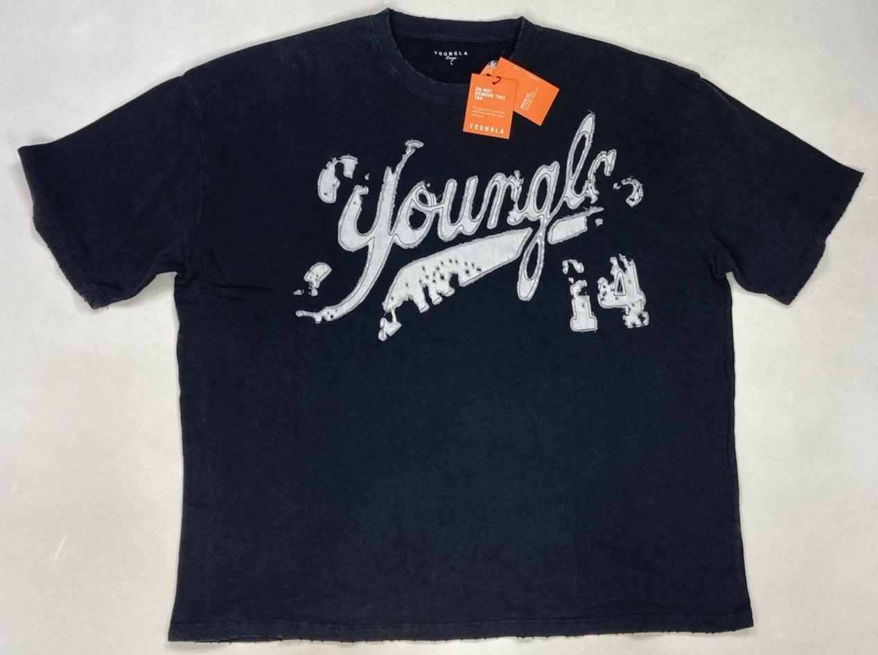 YoungLA Distressed Script T-shirt Men Large Oversized Black Short Sleeve gallery