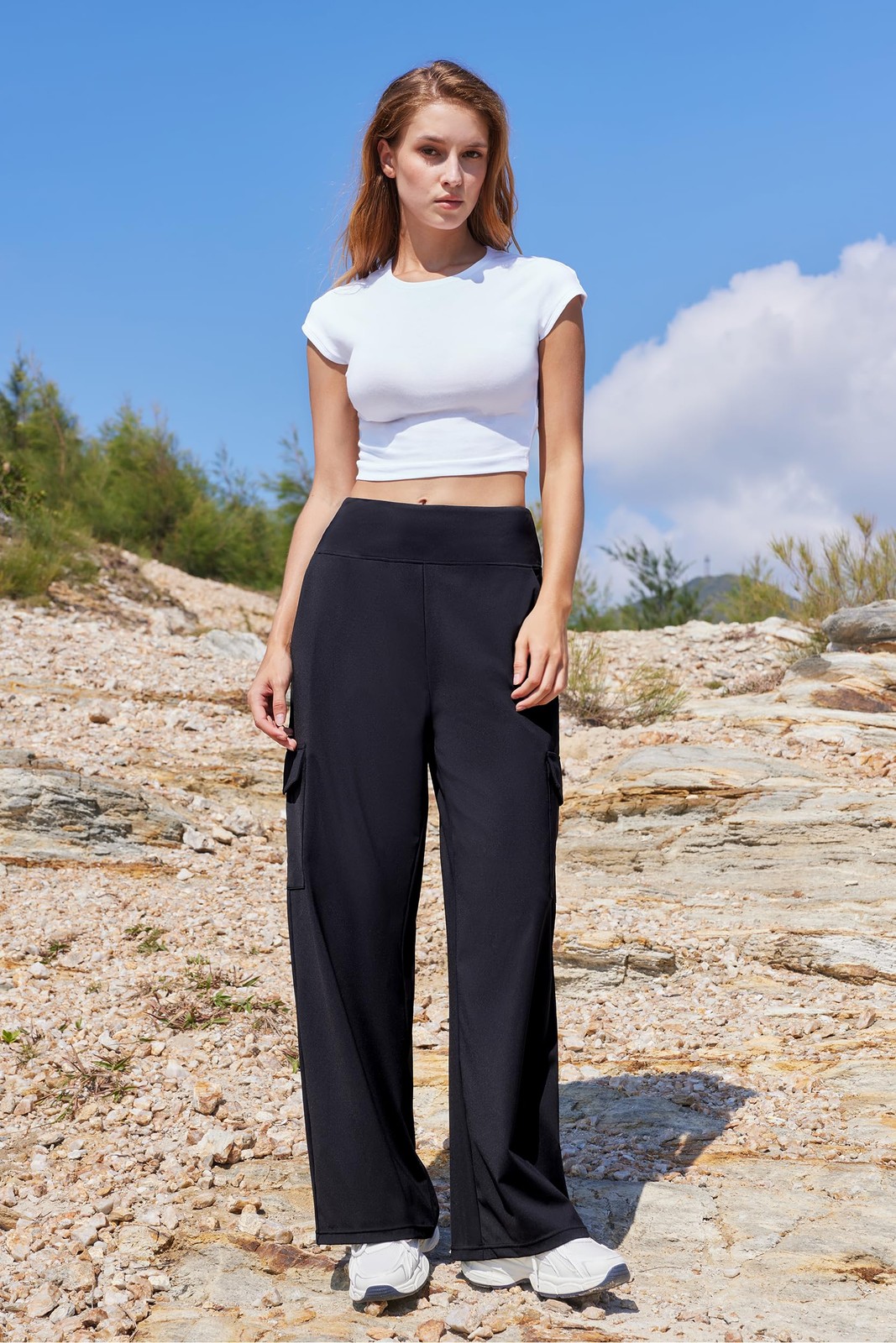 Women Casual Wide Leg Cargo Pants Stretch High Waisted Pull On Lounge Work Pa... gallery