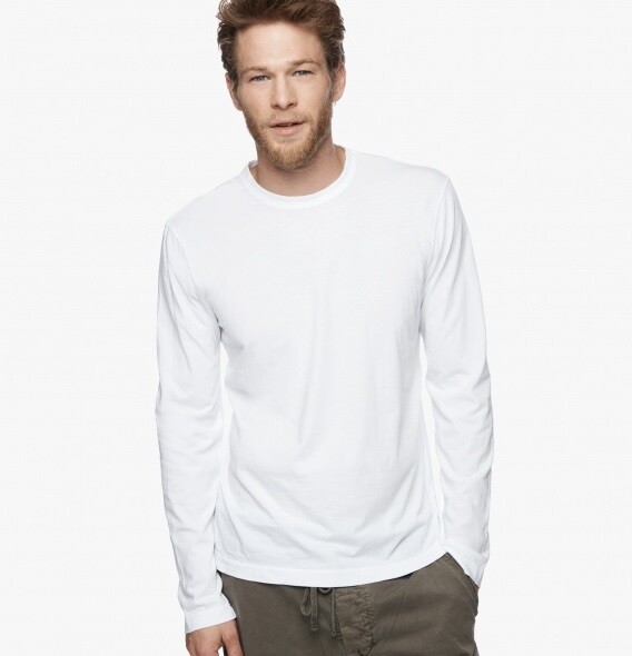 James Perse Men’s New Solid White Long Sleeve Crew Neck Cotton T-Shirt MLJ3351