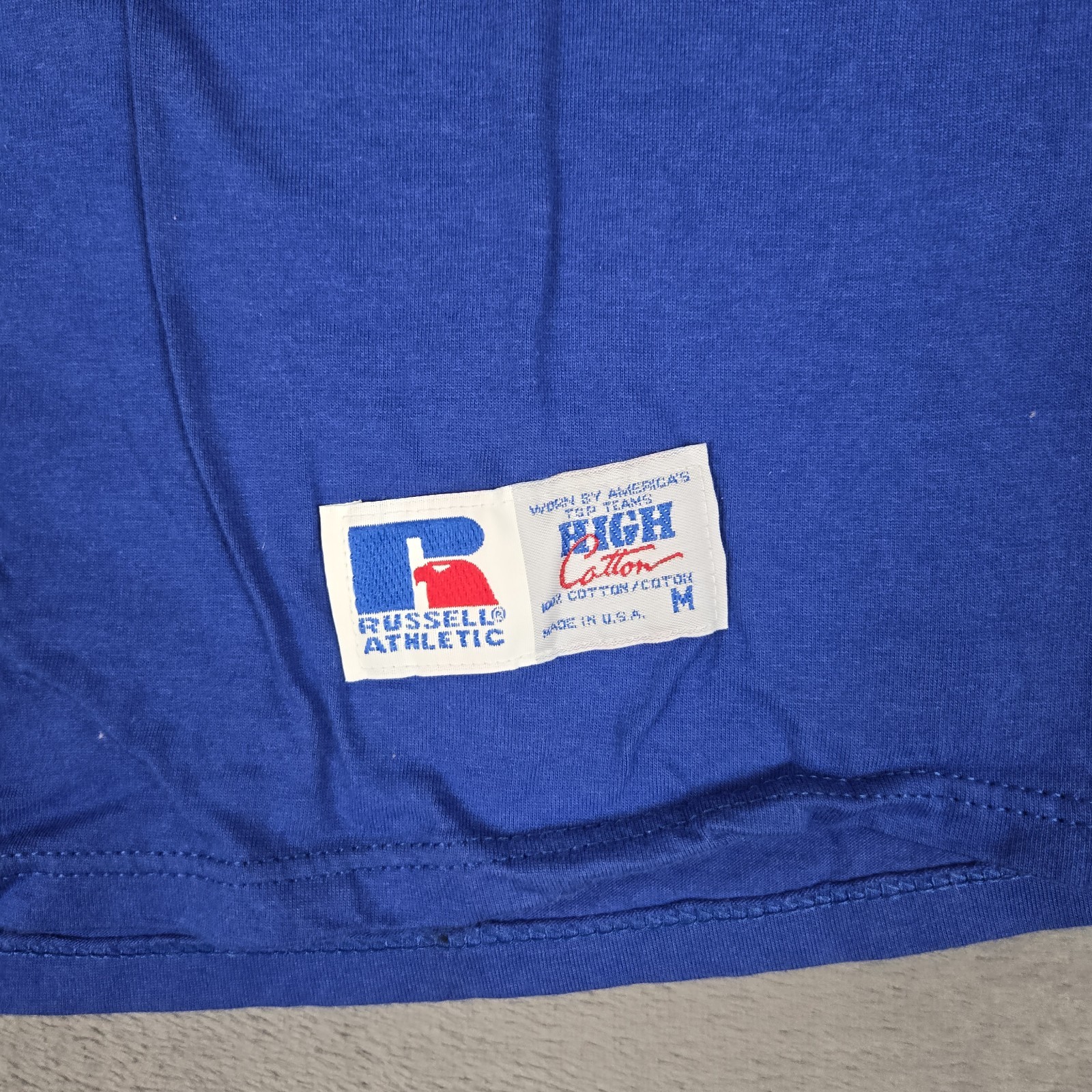 Russell Athletic High Cotton T-Shirt Mens Mediun Blue Solid Pocket USA Made Vtg gallery