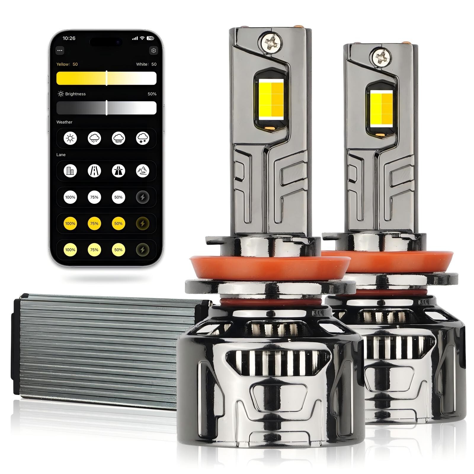 H8/H11 80W LED Headlight Color and Power Adjustable with Bluetooth App Control