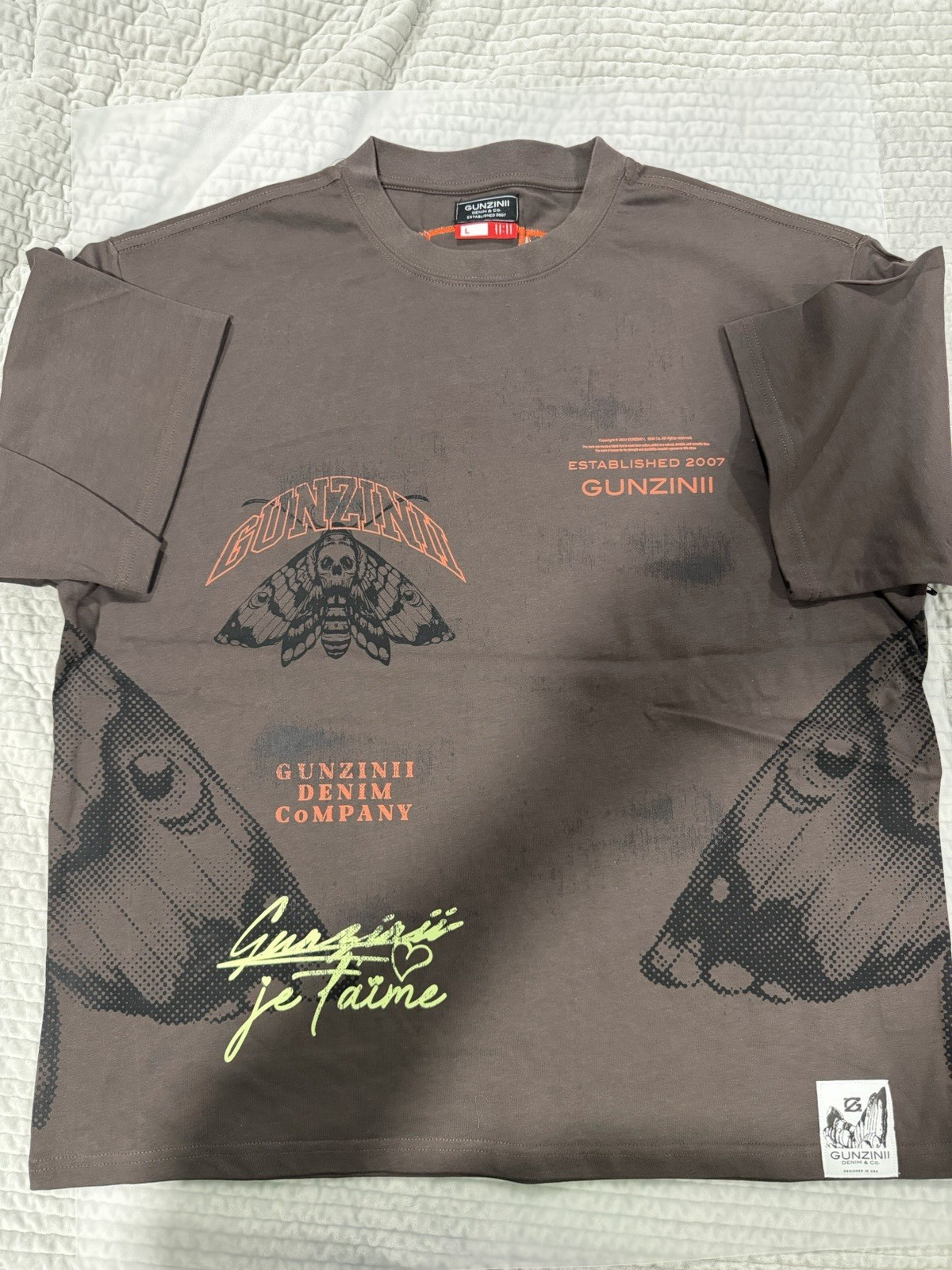 GUNZINII Men’s Gray Graphic Print Logo Crew Neck Short Sleeve Tee L