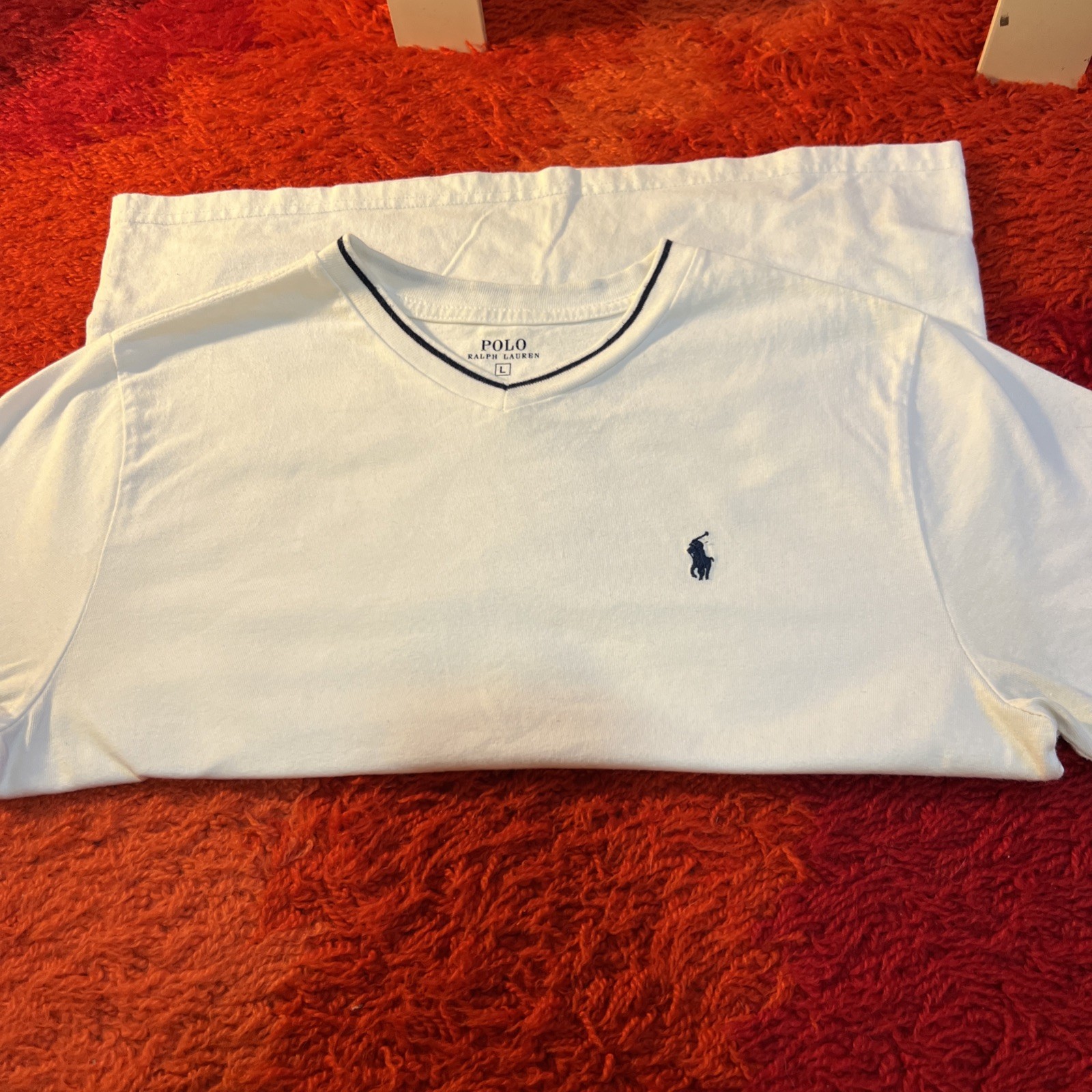 Polo Ralph Lauren V Neck White Top Navy Collar Large