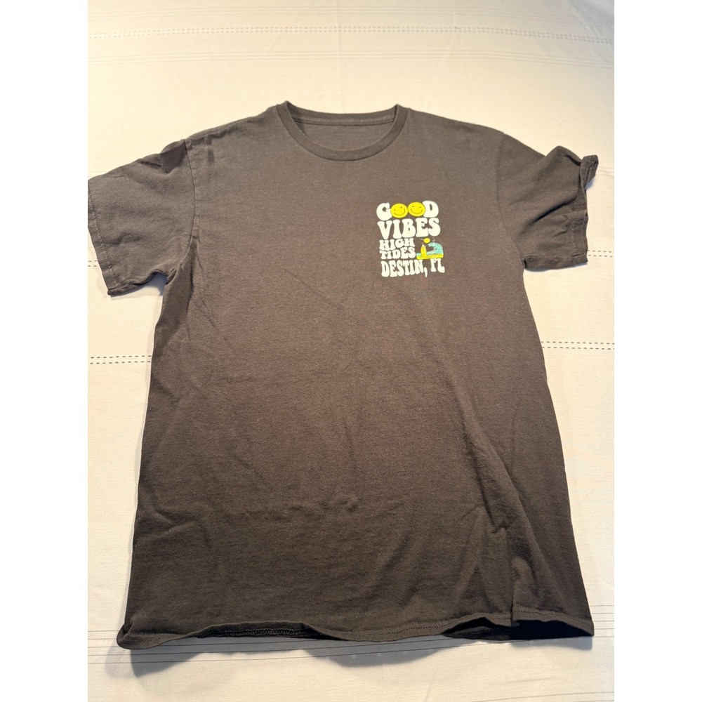 Good Vibes High Tides Destin FL Graphic T-Shirt Black Smiley Face Surf S