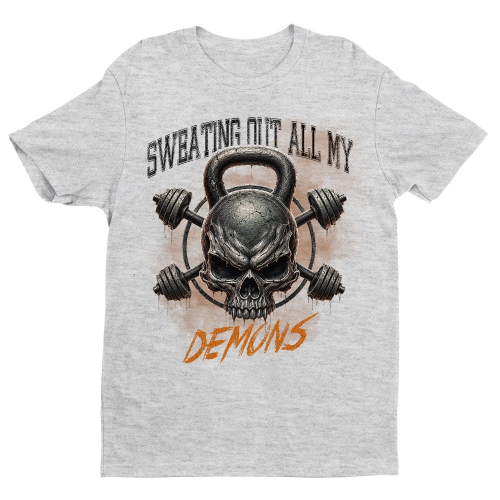 Retro Sweating Out My Demons Unisex T-shirt | Gym Skull Lover Gifts for Men gallery