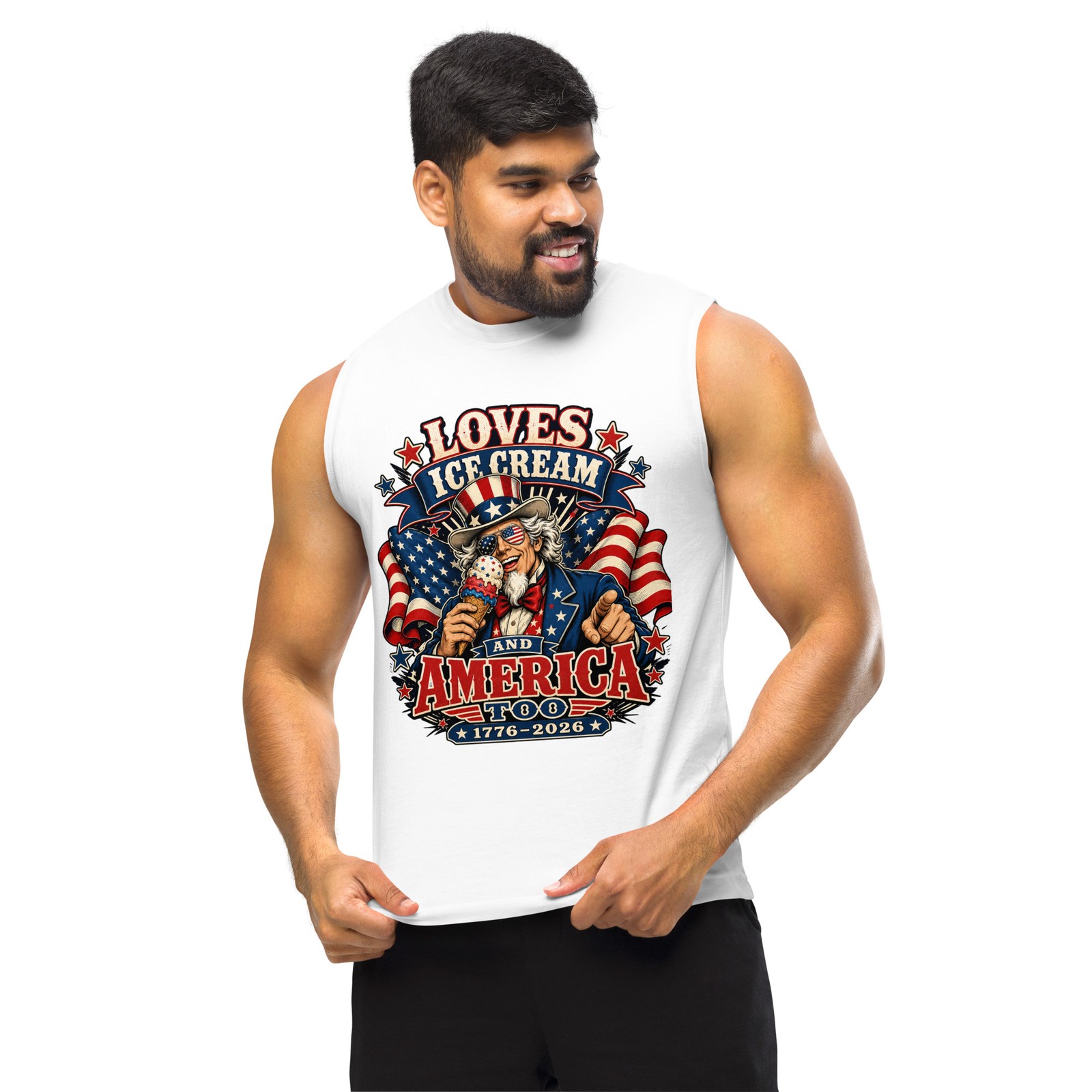 USA 250th Uncle Sam Loves Ice Cream and America Too Unisex Muscle Shirt gallery