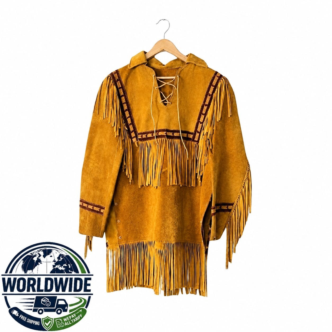 Men’s Native American Buckskin Leather Fringe Pullover Western War Shirt