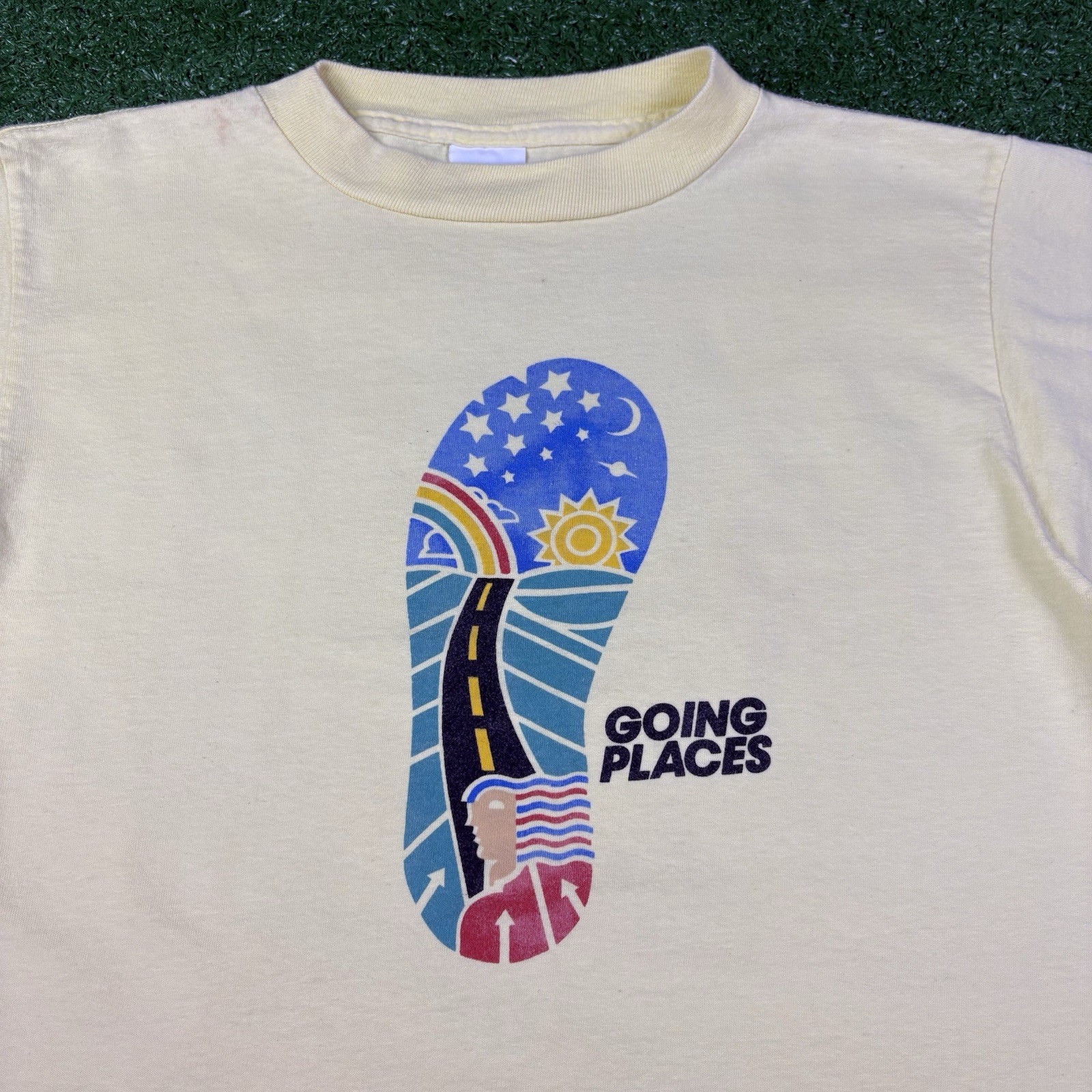 Vintage 80s Going Places Marathon Running Yellow Shirt Adult Large Made In USA gallery