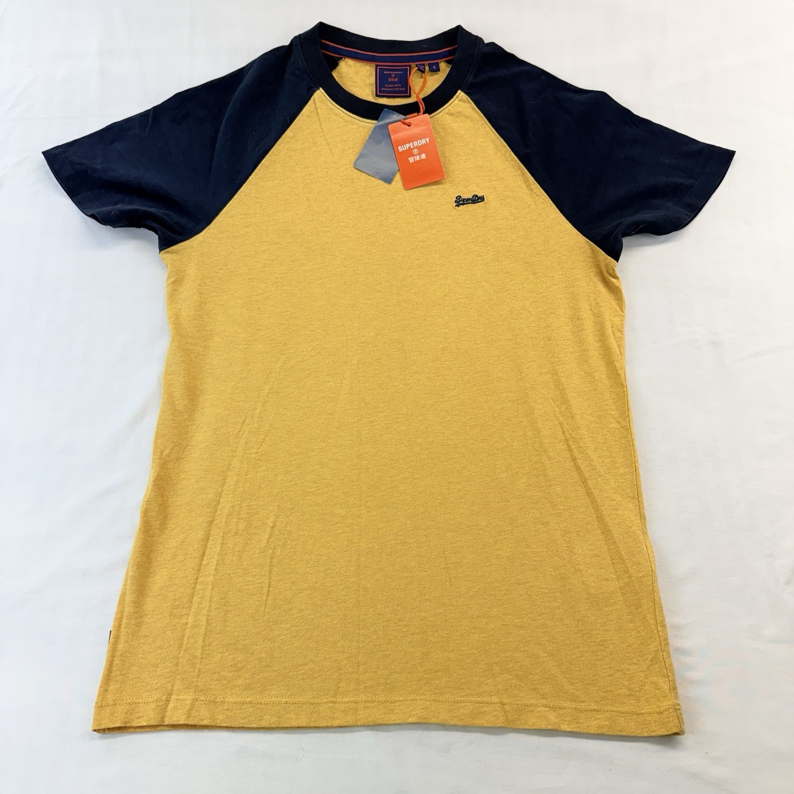 SUPERDRY Men’s Sz S Gold/Navy Short Sleeve Vintage Baseball Tee NWT