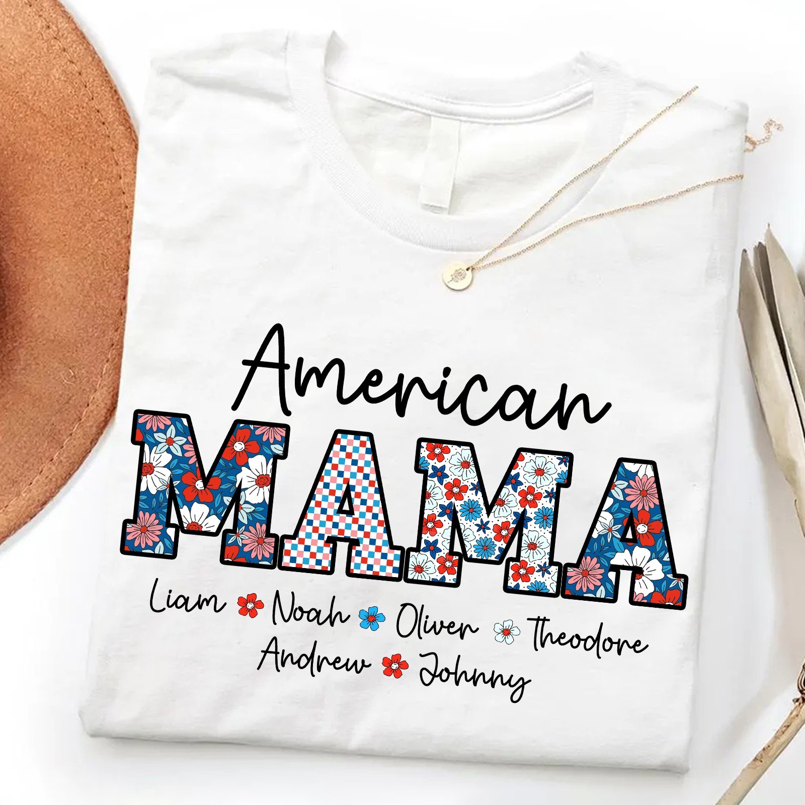 Personalized American Mama Shirt Kids Names Patriotic 4th of July Mom Gift Tee gallery