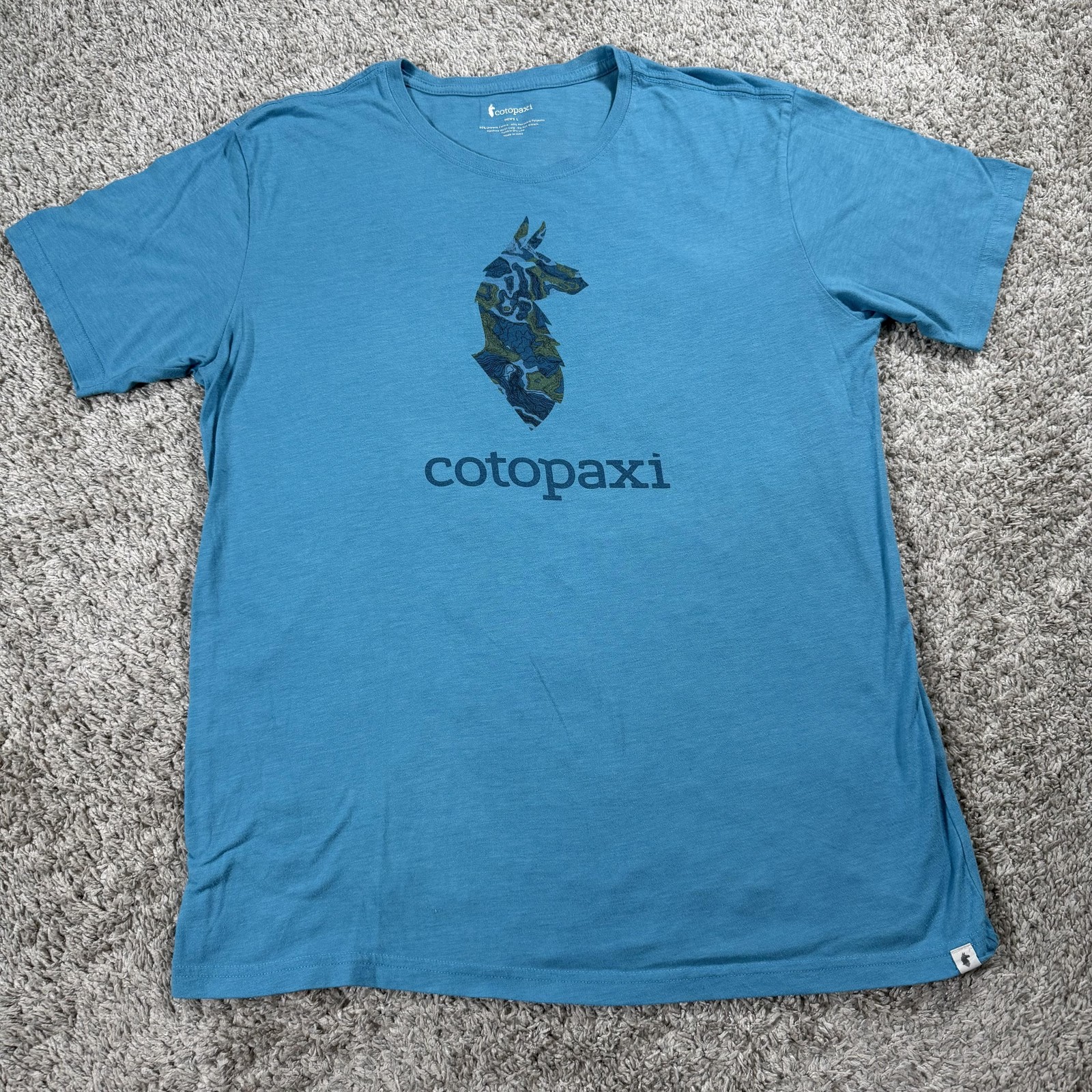 Cotopaxi Shirt Mens Large Blue Llama Topo Map Graphic Hiking Outdoor T-Shirt