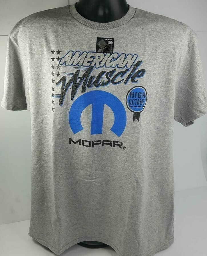 Gray T-Shirt – Mopar High Octane American Muscle w/ Blue M Logo / Emblem