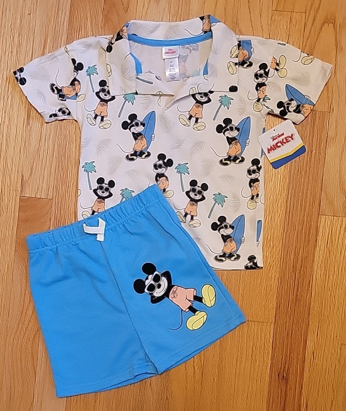 NEW Disney Junior Toddler 4T 2 Piece Set Mickey Mouse Polo Shirt Surfing Beach