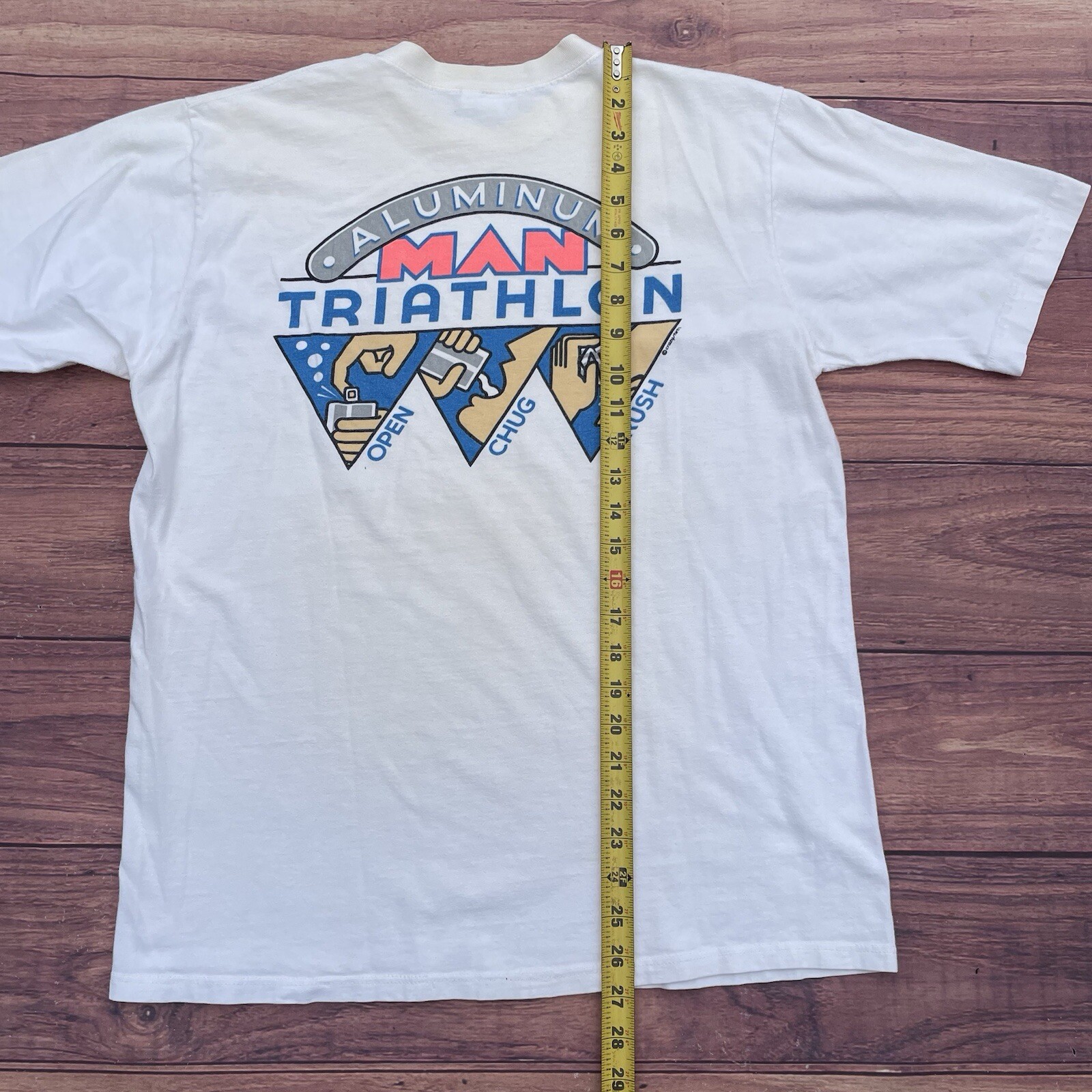 Vtg Crazy Shirts Aluminum Man Triathlon Shirt Beer Drinking Open Chug Crush Sz L gallery