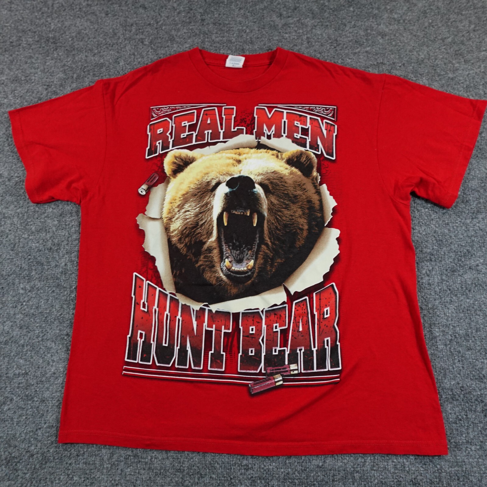Vintage Bear Shirt Men XL Red Real Men Hunt Bear Humor Y2k novelty 0182
