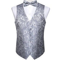 DiBanGu Silver Vest and Tie Sets for Men Suit Vest Paisley Bow Tie and Pocket