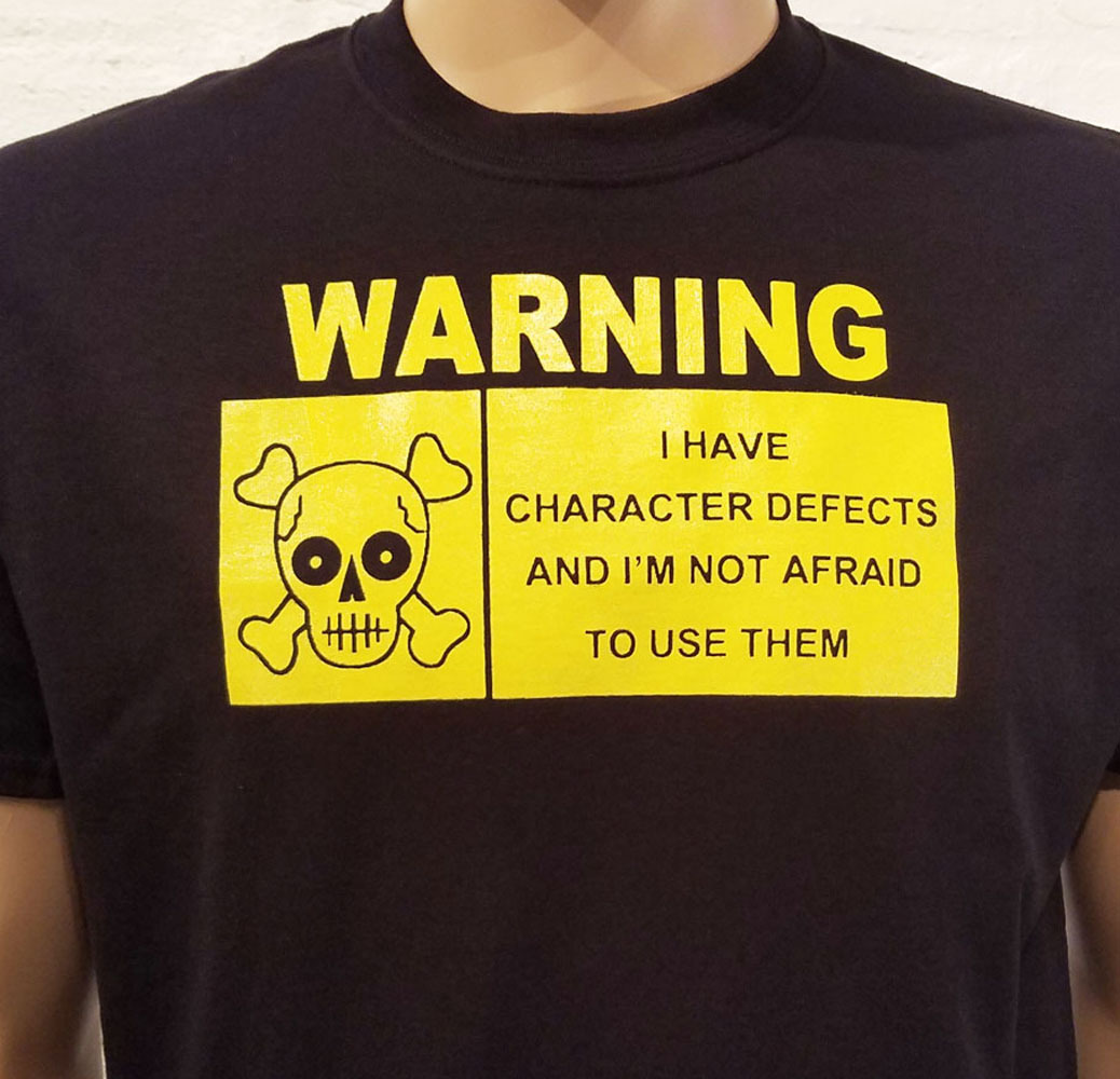 Alcoholics Anonymous - AA - WARNING I Have Defect - BLACK T-Shirt w/ YELLOW Ink gallery
