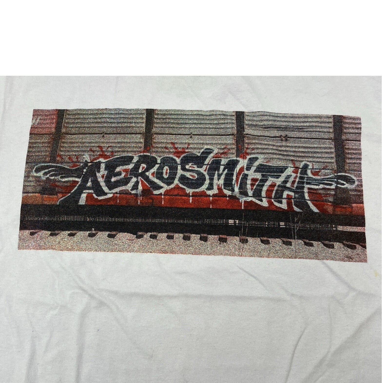 Aerosmith Graffiti Boxcar Graphic T-Shirt Mens Medium White Rock Band Tee 2023 gallery