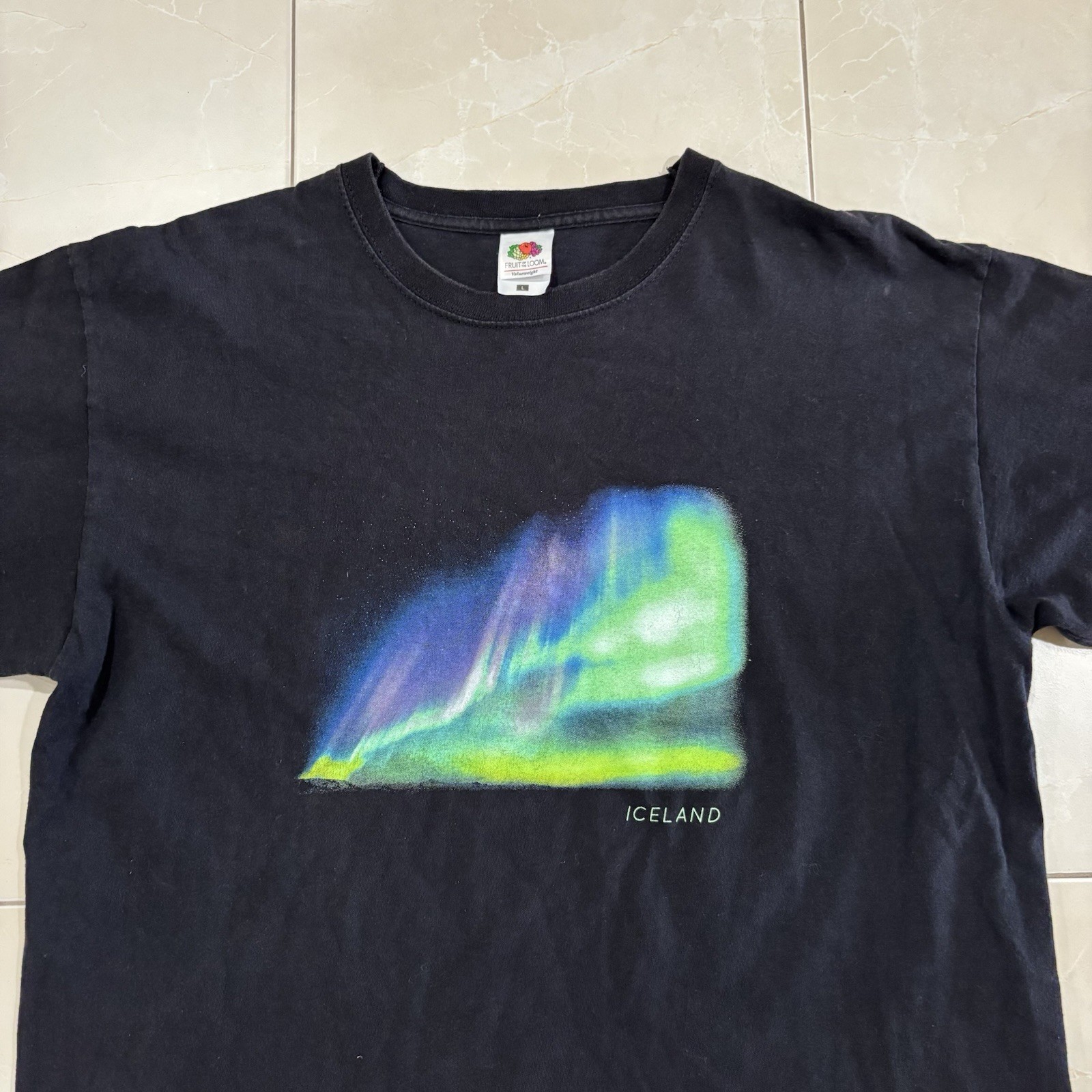 Vintage Iceland Northern Lights T Shirt Black Faded Y2K Skate Grunge Gorp Mens L gallery