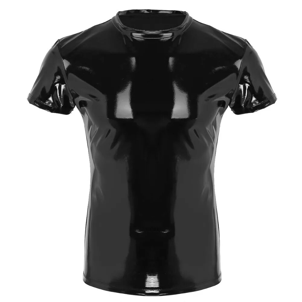 Mens Wetlook Tops Punk Fashion Shiny PVC Clothing Male T-Shirt Night Parties