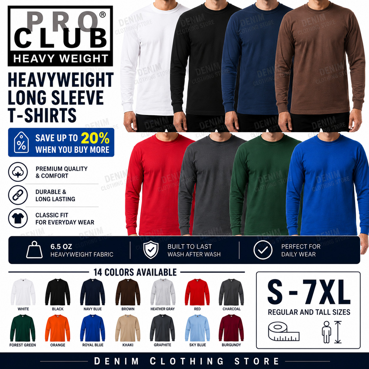 PRO CLUB MEN HEAVYWEIGHT SHIRT LONG SLEEVE PRO CLUB TEE ANY COLOR T-SHIRT S~7XL gallery