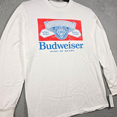 BUDWEISER BEER SHIRT MEDIUM MENS WHITE Retro KING OF BEERS LONG SLEEVE Bar NWT