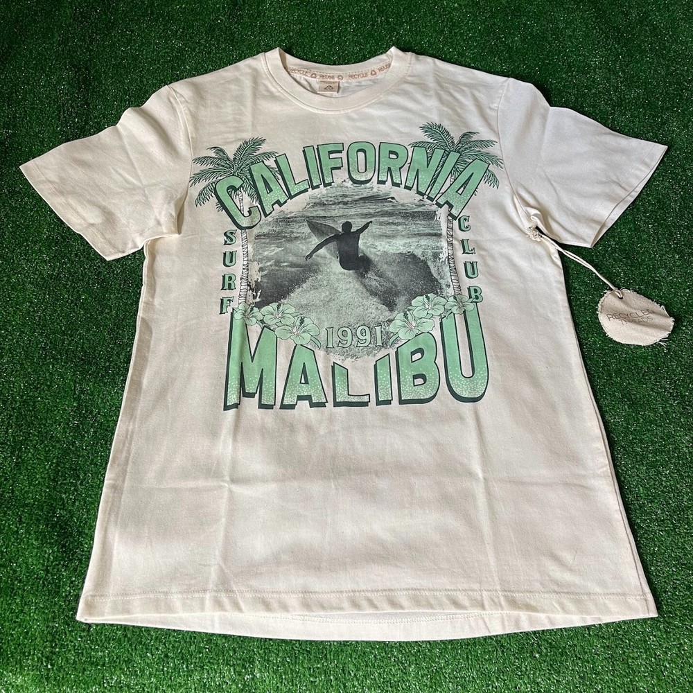 Recycled Threads Malibu California 1991 Surf Club Beige SS T-Shirt Size S NEW