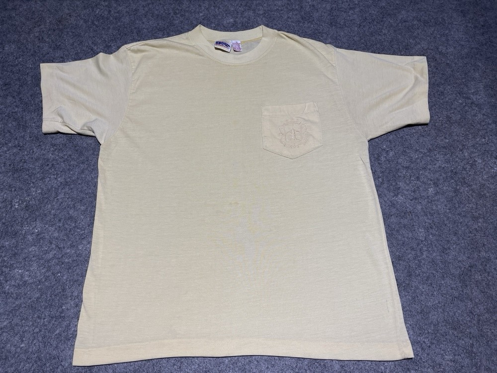 True VIntage Single Stitch THIN Distress Pocket Blank Pale Yellow Shirt Baggy Sm