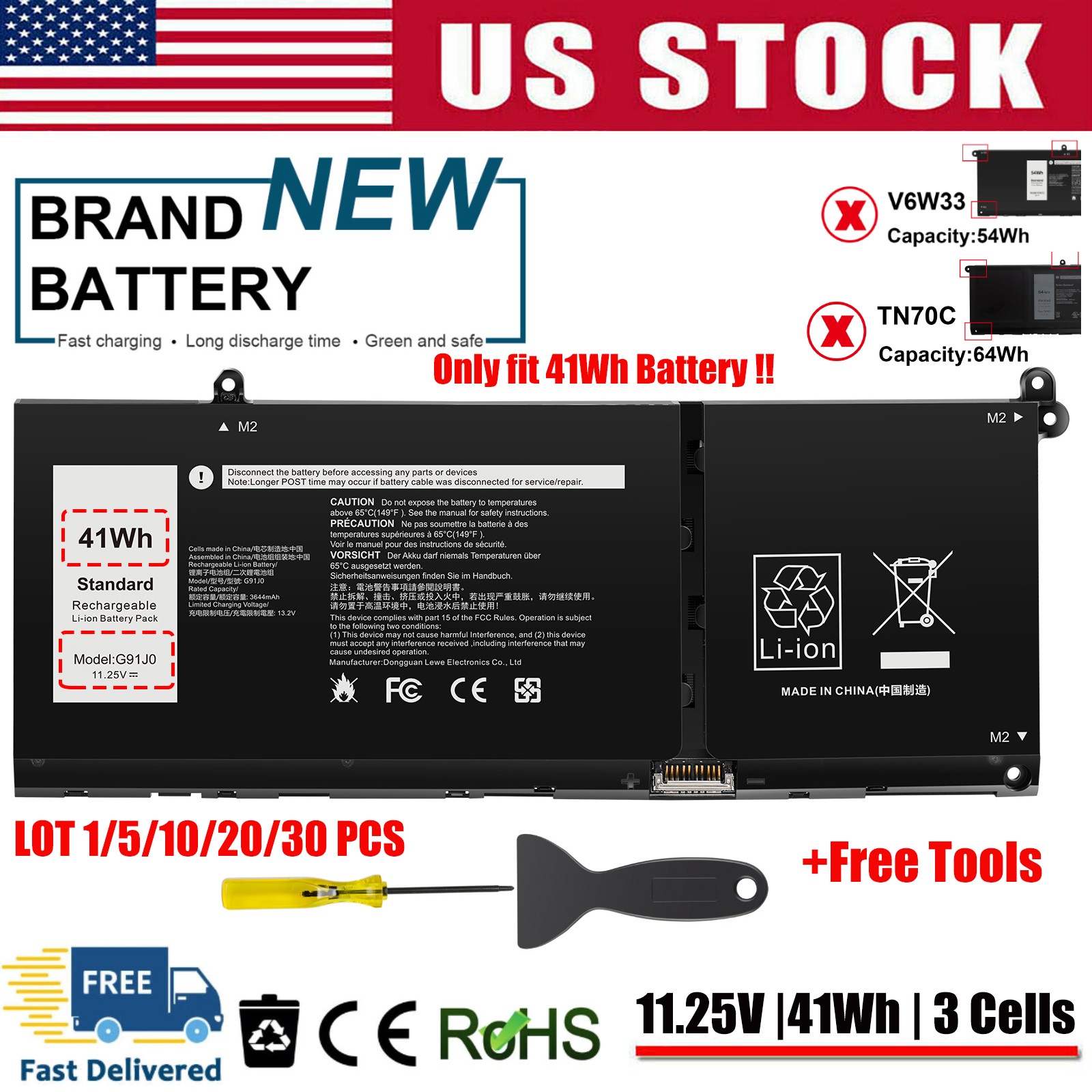 ✅LOT G91J0 Battery for Dell Latitude 3320 3420 3520 Inspiron 15 3510 3520 3530