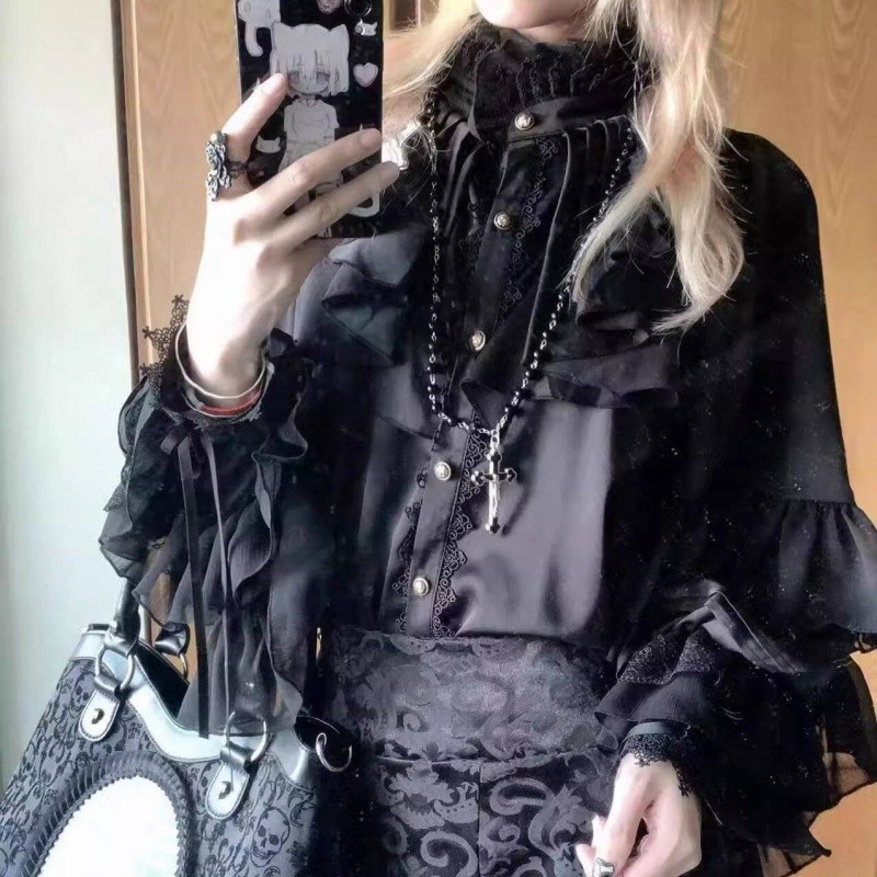 Men's retro gothic style Long-sleeved ruffled shirt Loose blouse unisex gallery