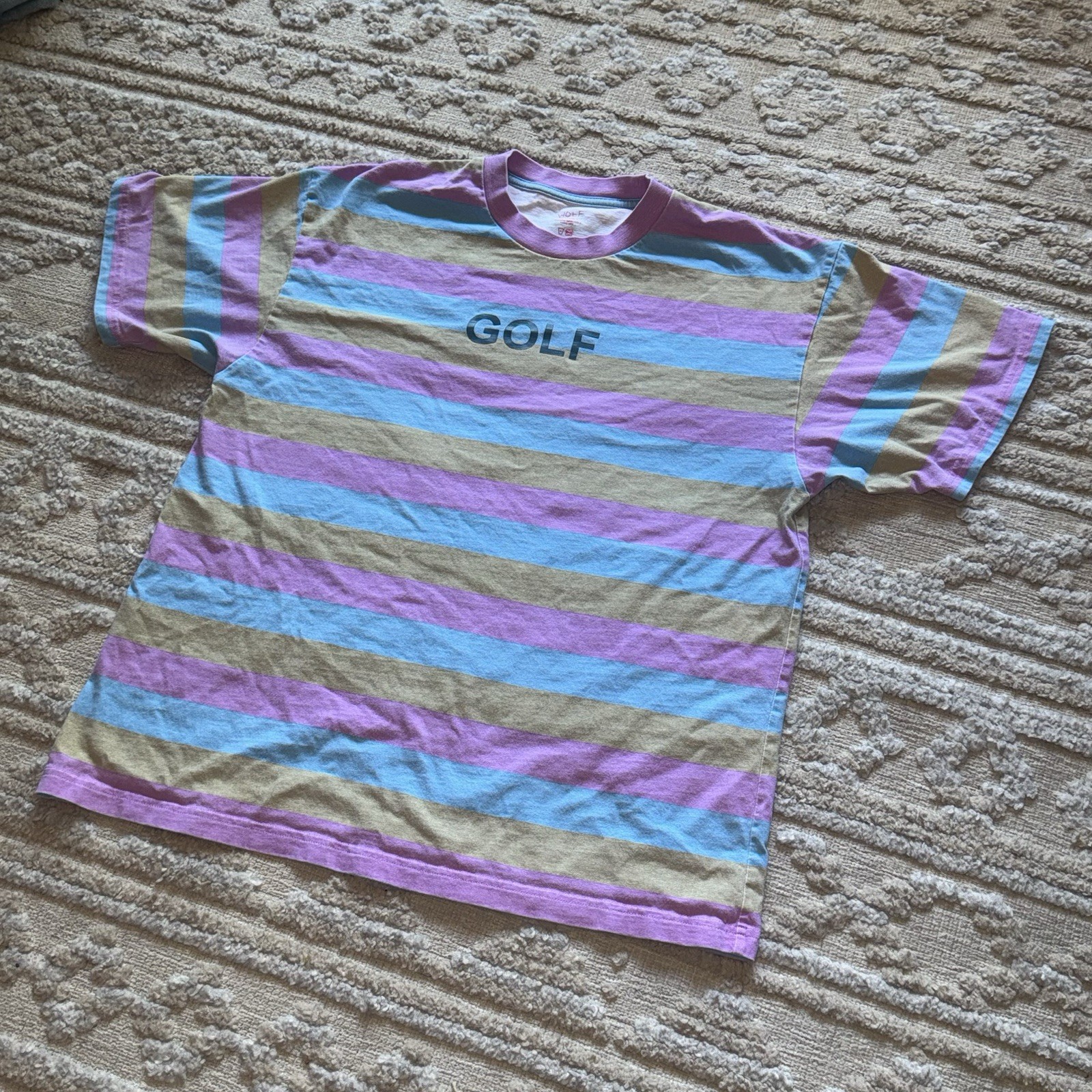 Golf Wang Wolf 10 Years Striped Graphic T Shirt XL Pink Blue Tan Cotton Tee gallery