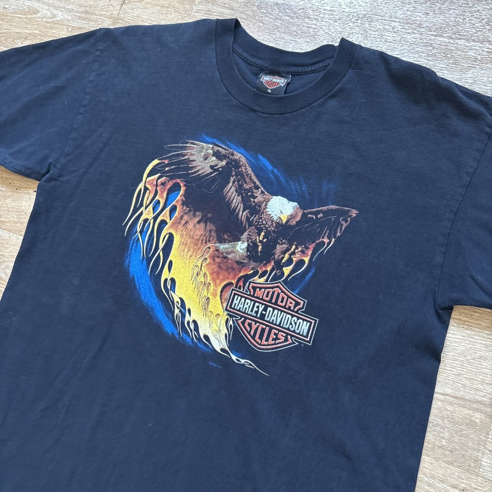 Vintage 2002 Y2K Harley Davidson Eagle Flame Holoubek T-Shirt XL Double Sided