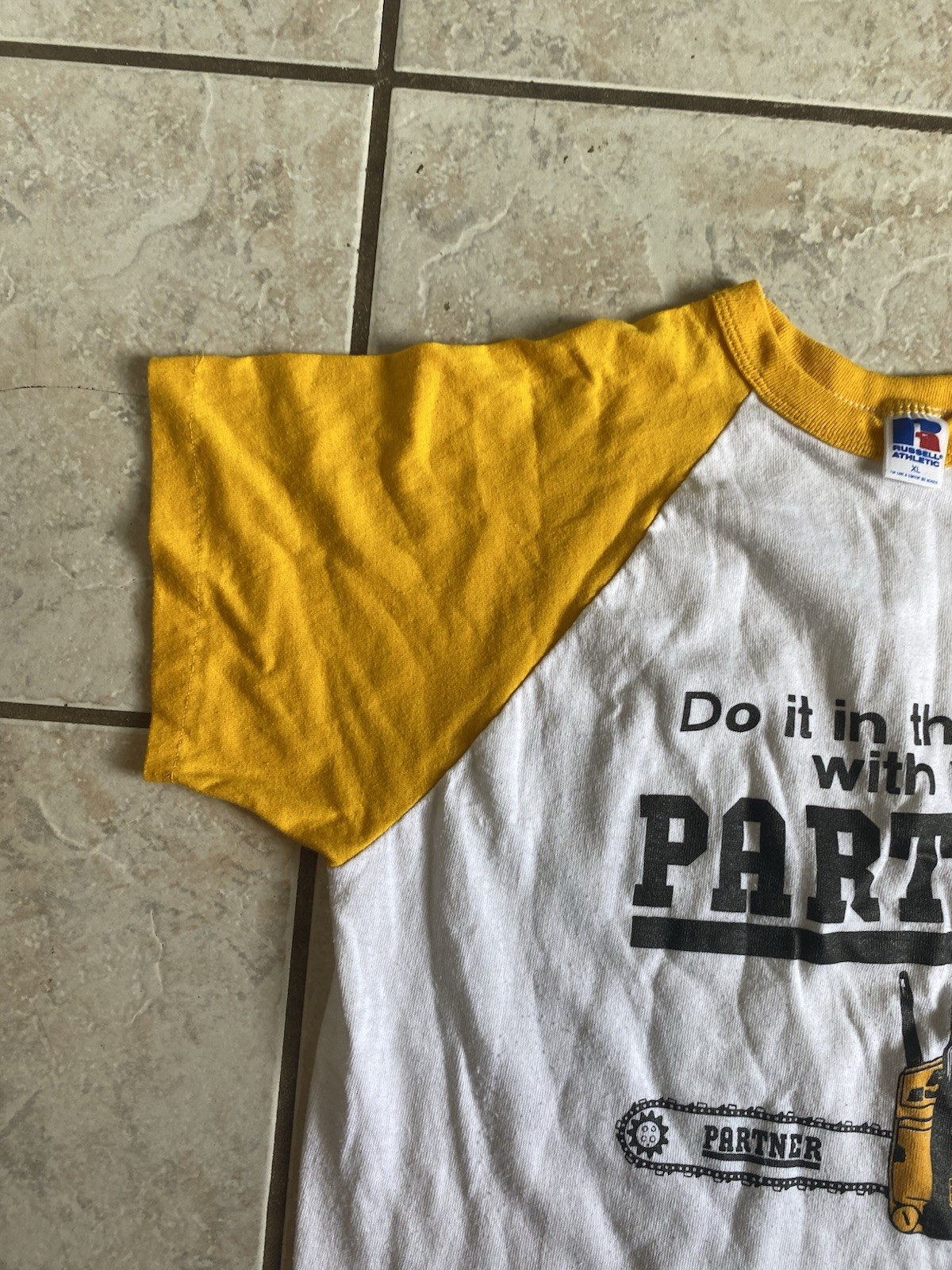 Vintage 1970’s 80’s Partner Chainsaws Workwear Sex Joke russel Ringer Tee Shirt gallery