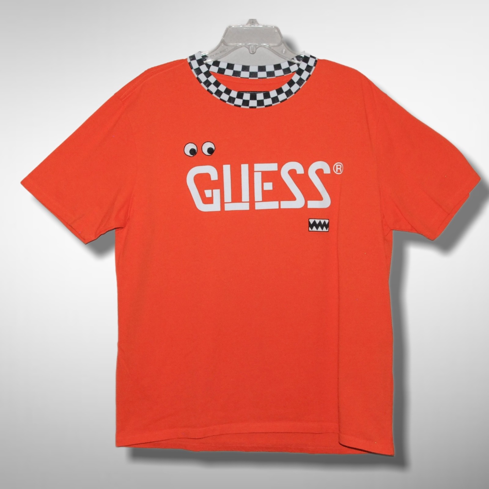 Guess X J Balvin Medium T Shirt Orange Checkered Collar Embroidered Colorful