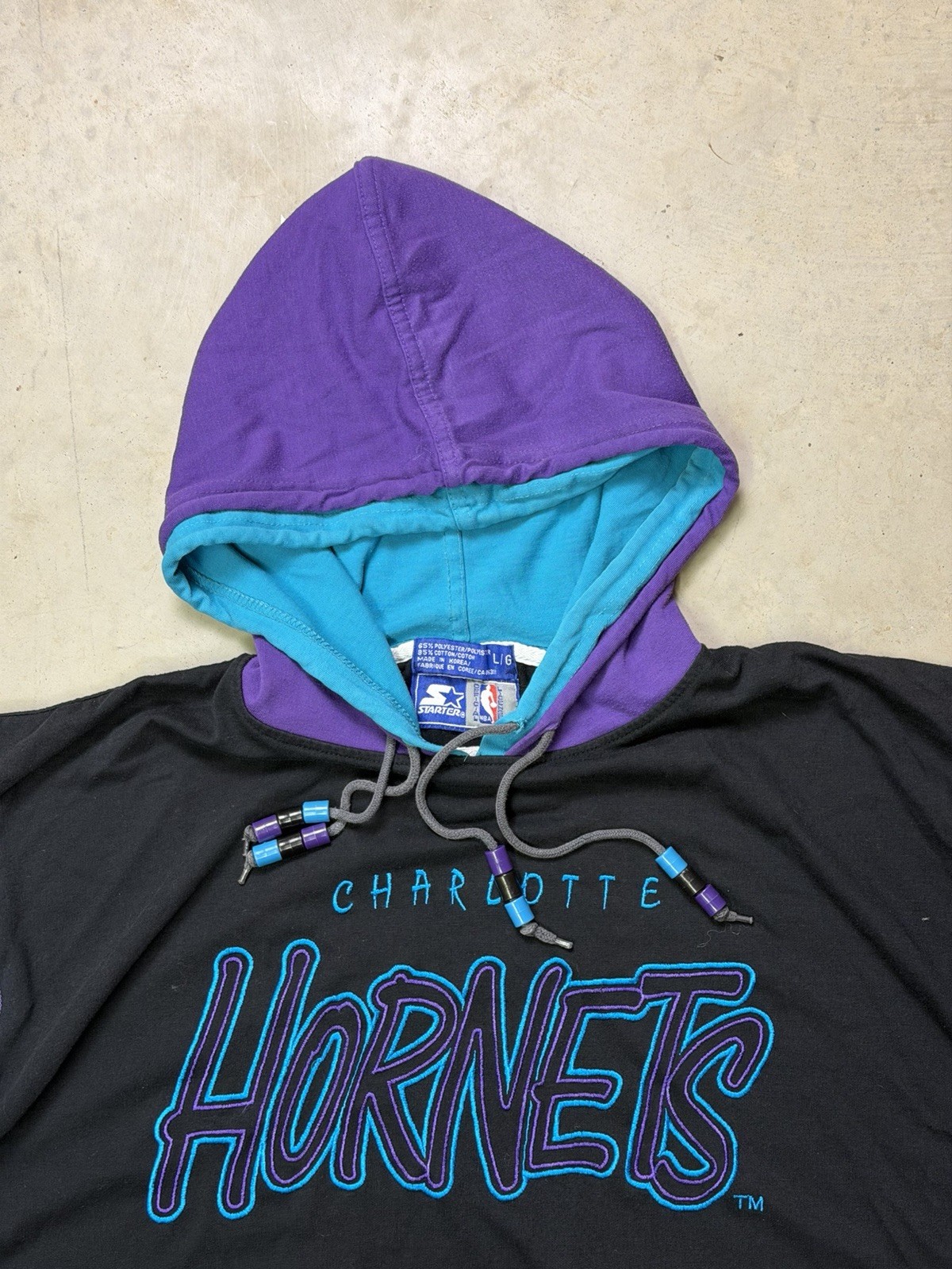 VTG 1990 NBA Charlotte Hornets Double Hood Starter Tee Made In Korea Large gallery