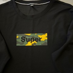 Black Oversized Mini-sleeve T-shirt -Print Rectangular Patch on Chest 59cm*72cm